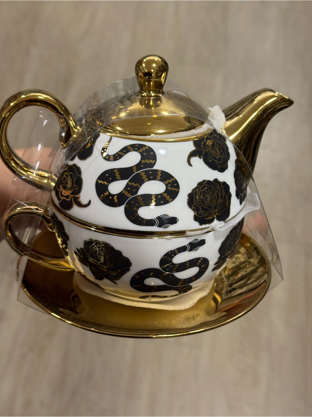 White Teapot Set with Black Snake & Gold Trim